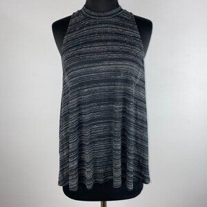 Express One Eleven Womens L Striped Ribbed Mock Neck Keyhole Back Swing Tank Top